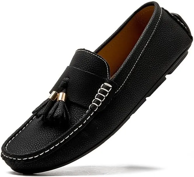 Men's Loafers Square Toe PU Leather Penny Driving Loafers Comfortable Flat Heel Lightweight Outdoor Casual Slip On(Black,6.5)
