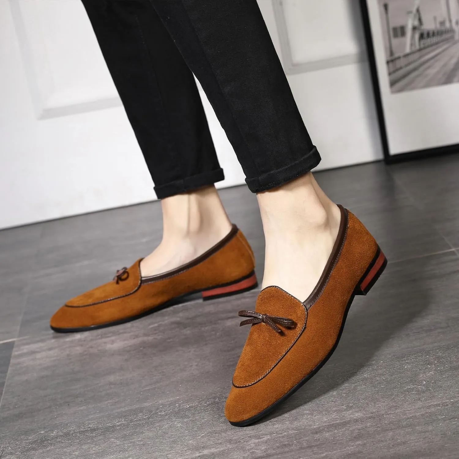 Men's Suede Bow Penny Loafers Casual Driving Slip On Tuxedo Dress Shoes Fashion Wedding Party Prom Shoes