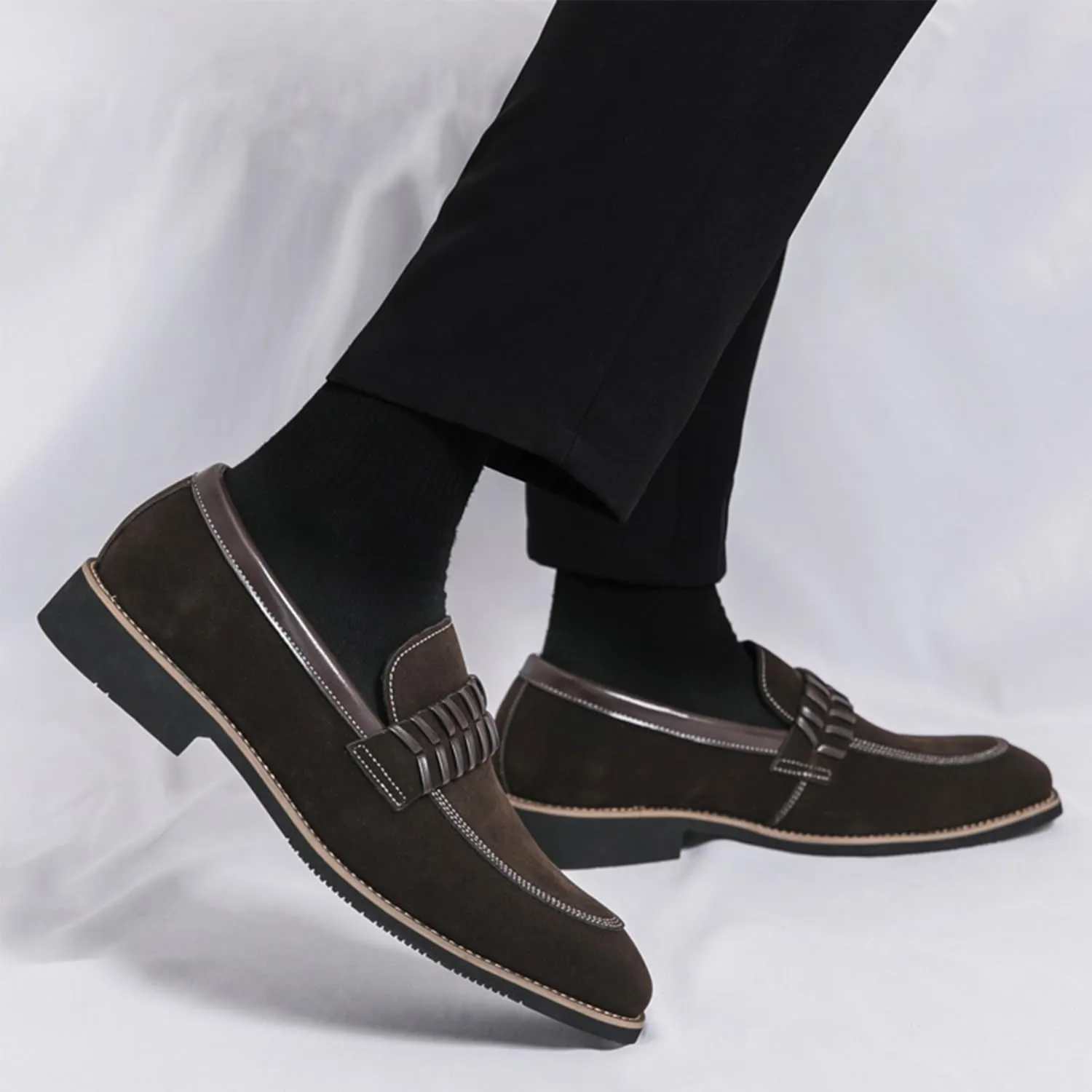 Men's Suede Penny Loafers Black Slip On Loafers with Striped Strap Detail Contrast Stitching Driving Party Casual Dress Shoes
