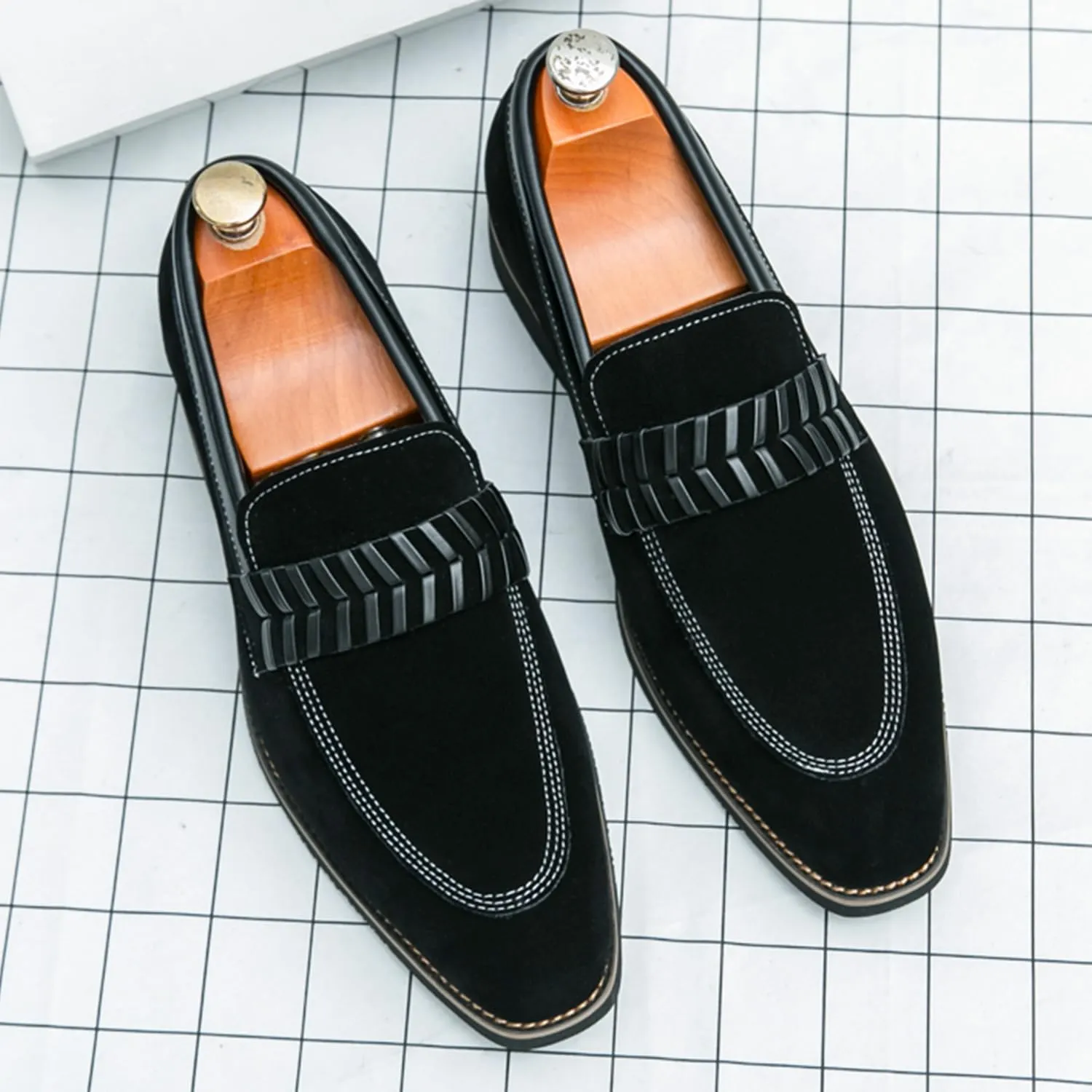 Men's Suede Penny Loafers Black Slip On Loafers with Striped Strap Detail Contrast Stitching Driving Party Casual Dress Shoes