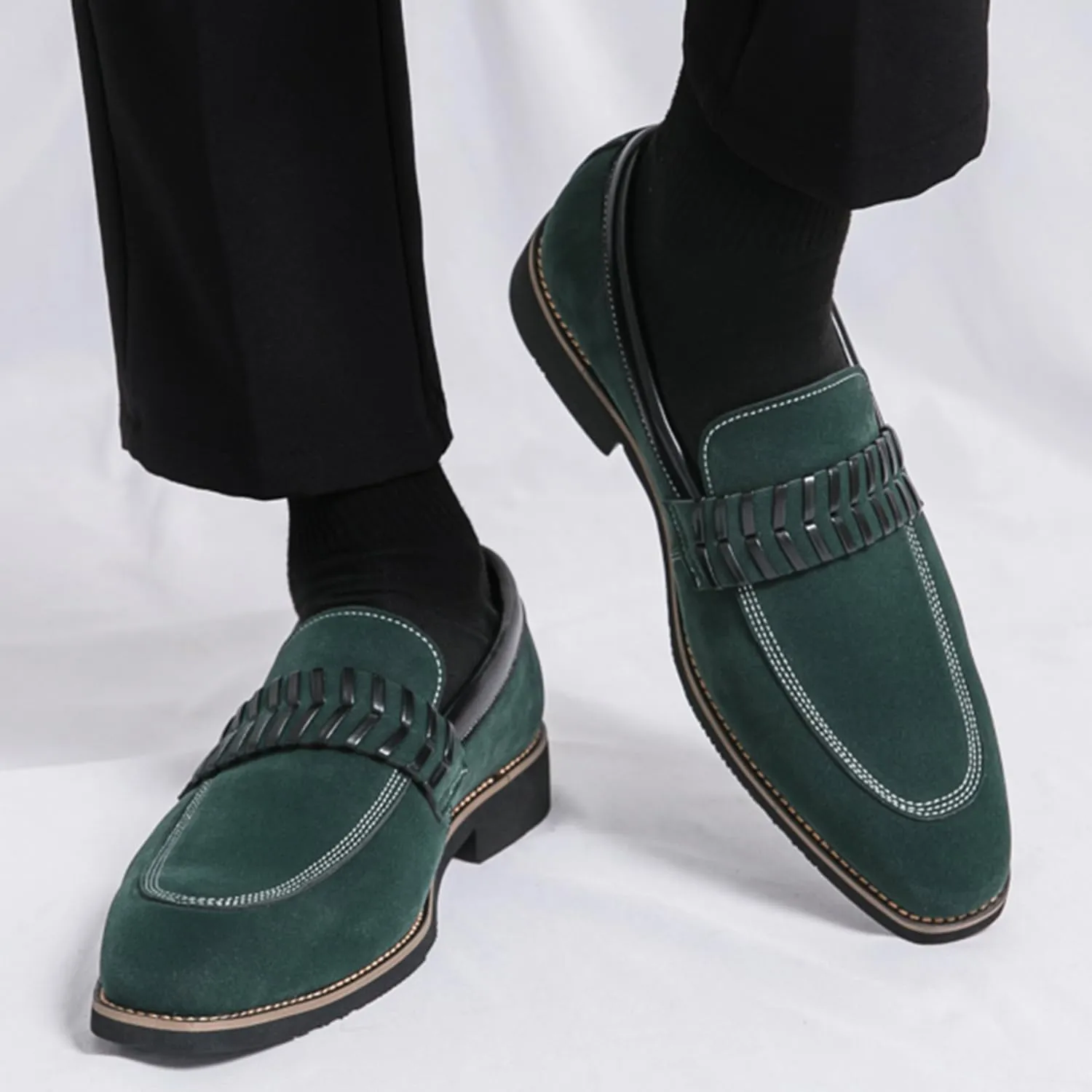 Men's Suede Penny Loafers Black Slip On Loafers with Striped Strap Detail Contrast Stitching Driving Party Casual Dress Shoes