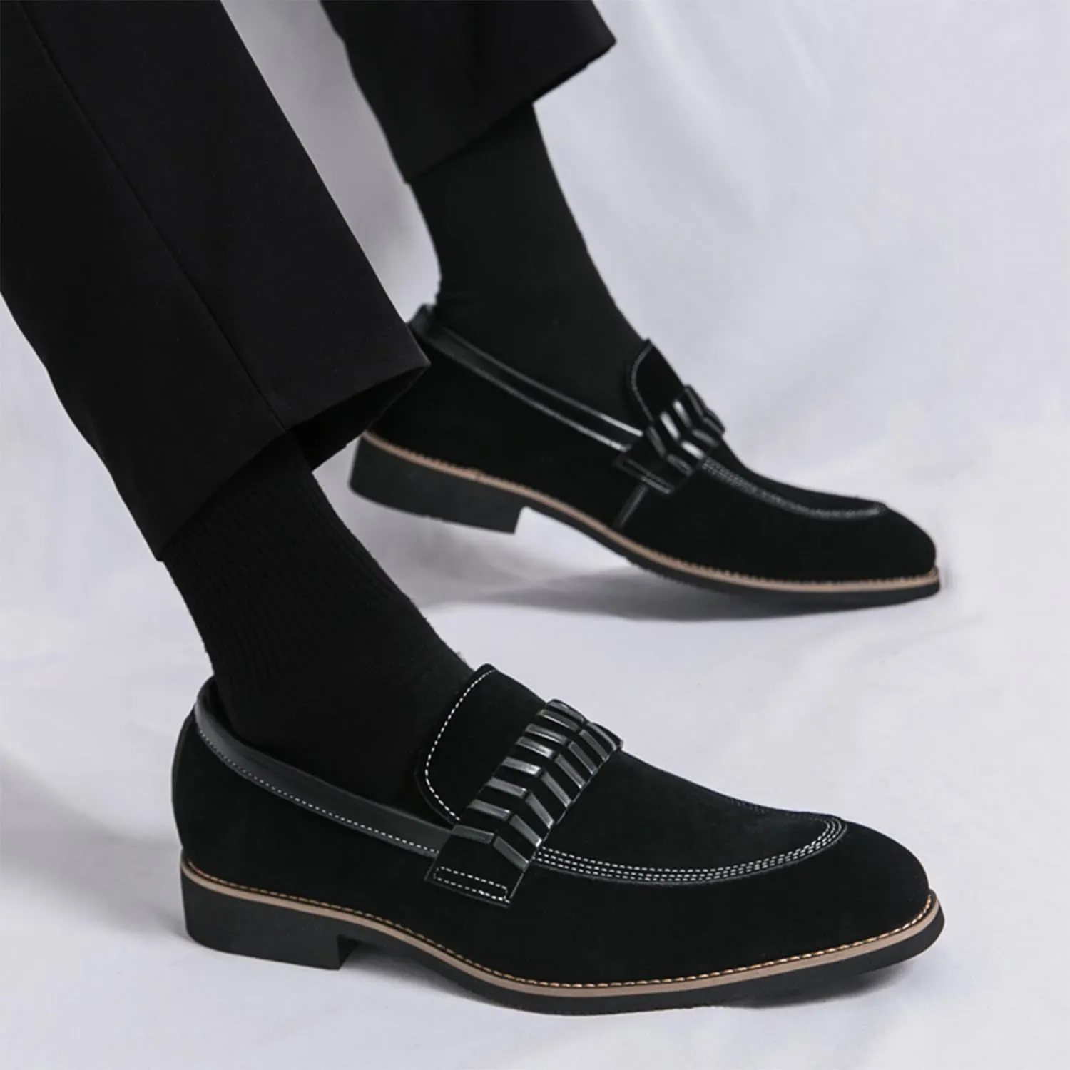 Men's Suede Penny Loafers Black Slip On Loafers with Striped Strap Detail Contrast Stitching Driving Party Casual Dress Shoes