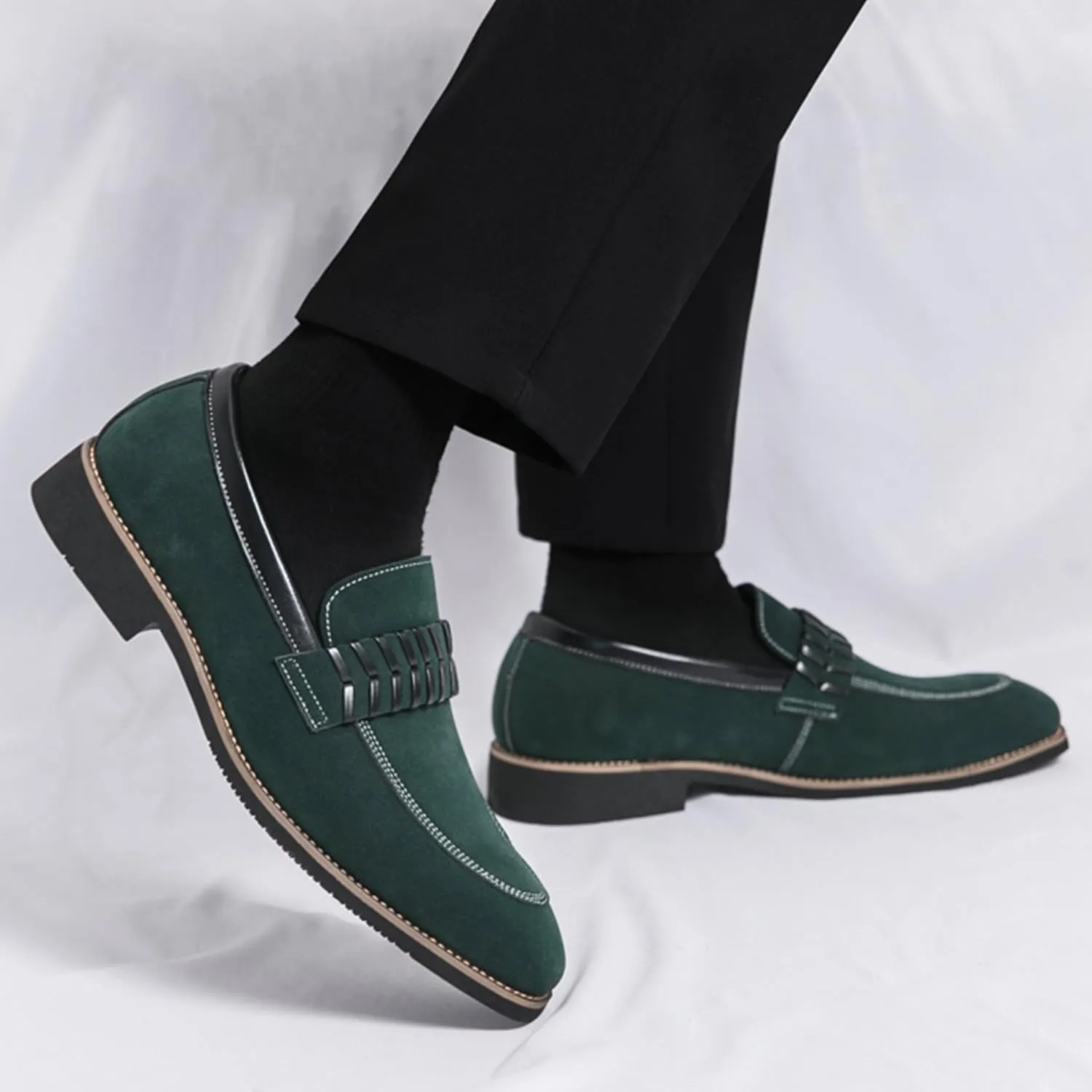 Men's Suede Penny Loafers Black Slip On Loafers with Striped Strap Detail Contrast Stitching Driving Party Casual Dress Shoes