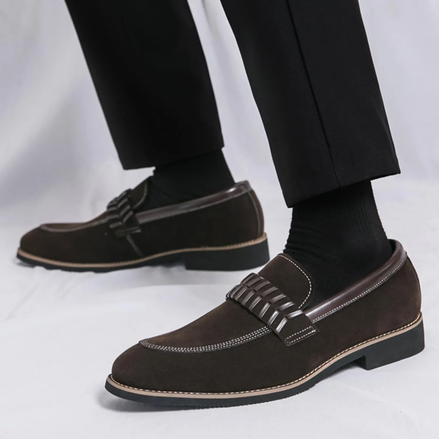 Men's Suede Penny Loafers Black Slip On Loafers with Striped Strap Detail Contrast Stitching Driving Party Casual Dress Shoes