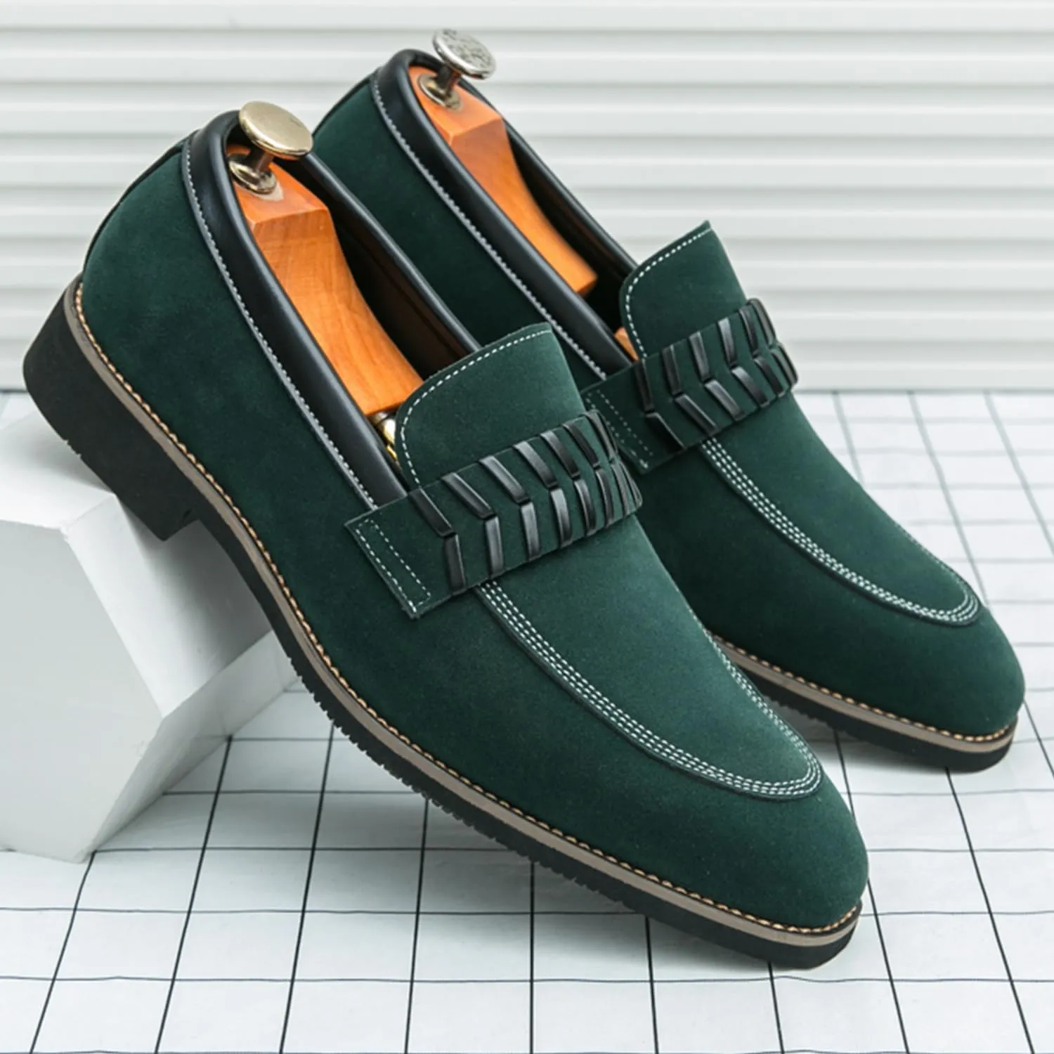 Men's Suede Penny Loafers Black Slip On Loafers with Striped Strap Detail Contrast Stitching Driving Party Casual Dress Shoes