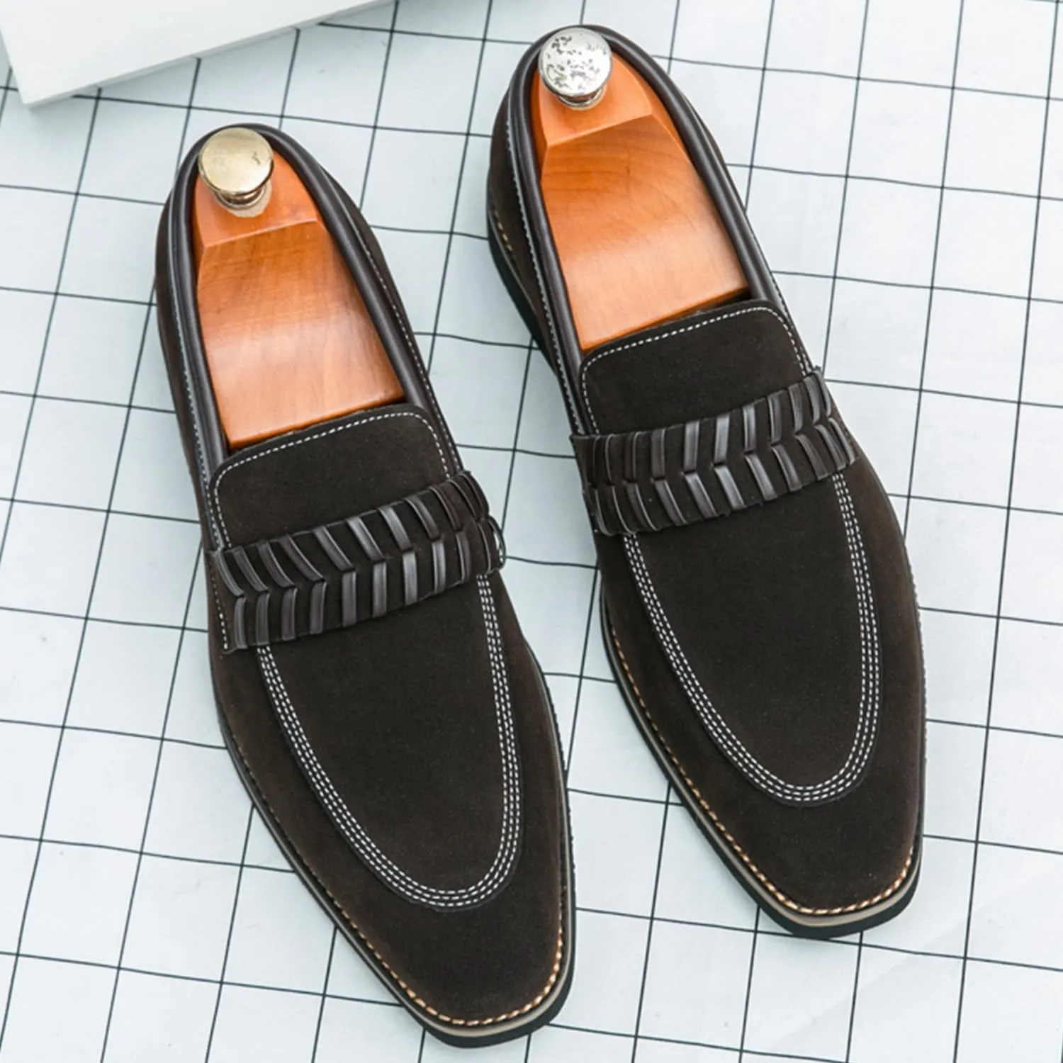 Men's Suede Penny Loafers Black Slip On Loafers with Striped Strap Detail Contrast Stitching Driving Party Casual Dress Shoes