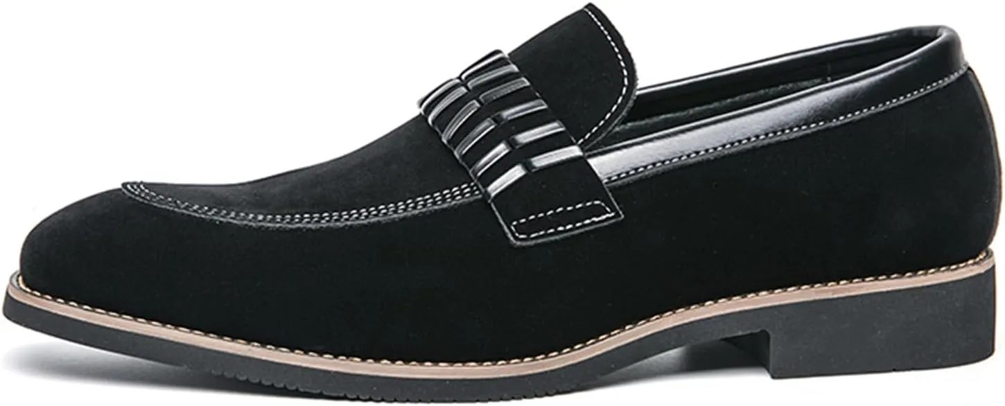Men's Suede Penny Loafers Black Slip On Loafers with Striped Strap Detail Contrast Stitching Driving Party Casual Dress Shoes
