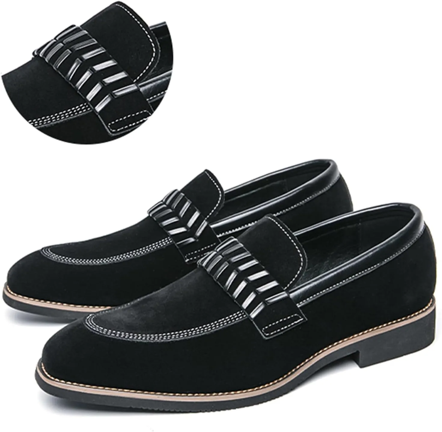 Men's Suede Penny Loafers Black Slip On Loafers with Striped Strap Detail Contrast Stitching Driving Party Casual Dress Shoes