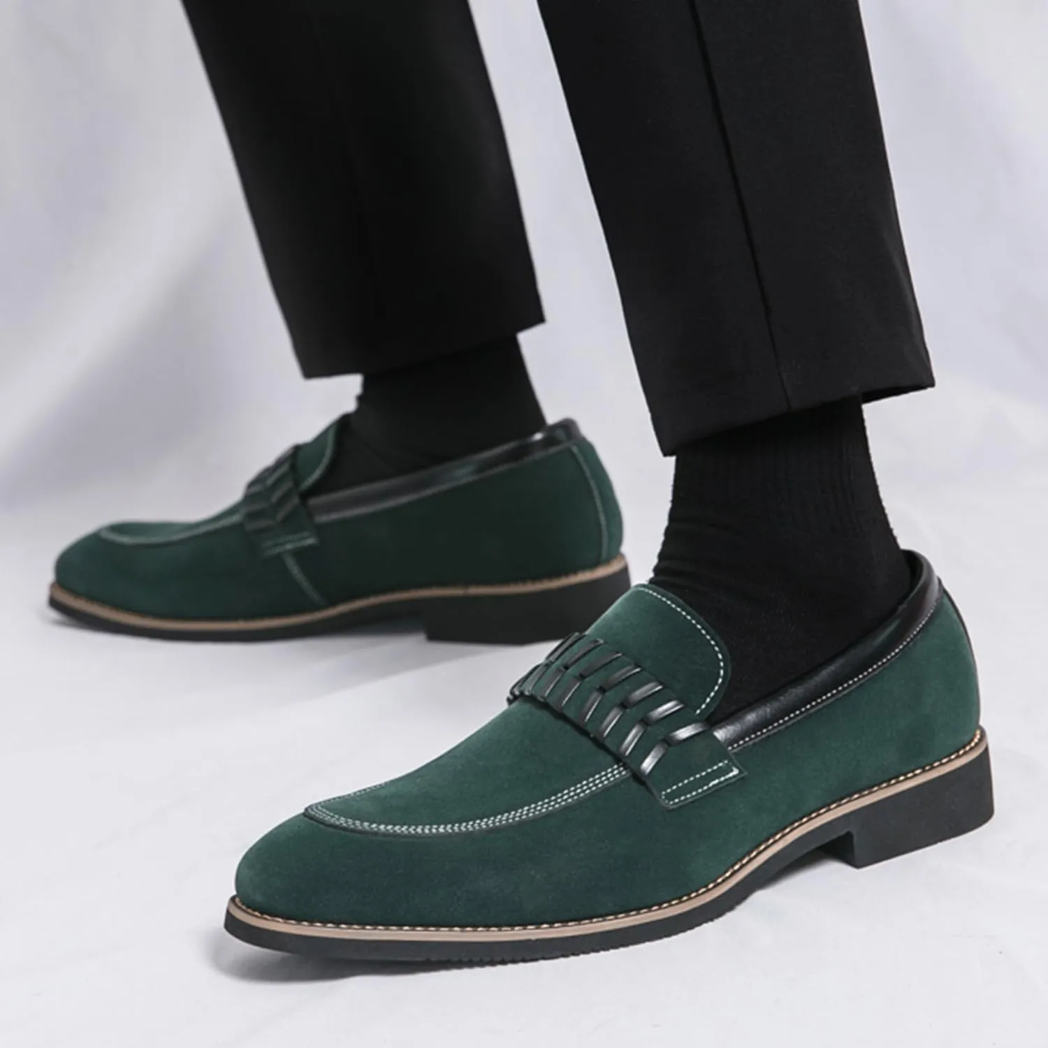 Men's Suede Penny Loafers Black Slip On Loafers with Striped Strap Detail Contrast Stitching Driving Party Casual Dress Shoes