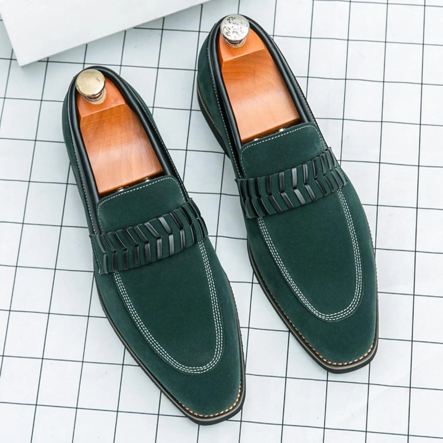 Men's Suede Penny Loafers Black Slip On Loafers with Striped Strap Detail Contrast Stitching Driving Party Casual Dress Shoes