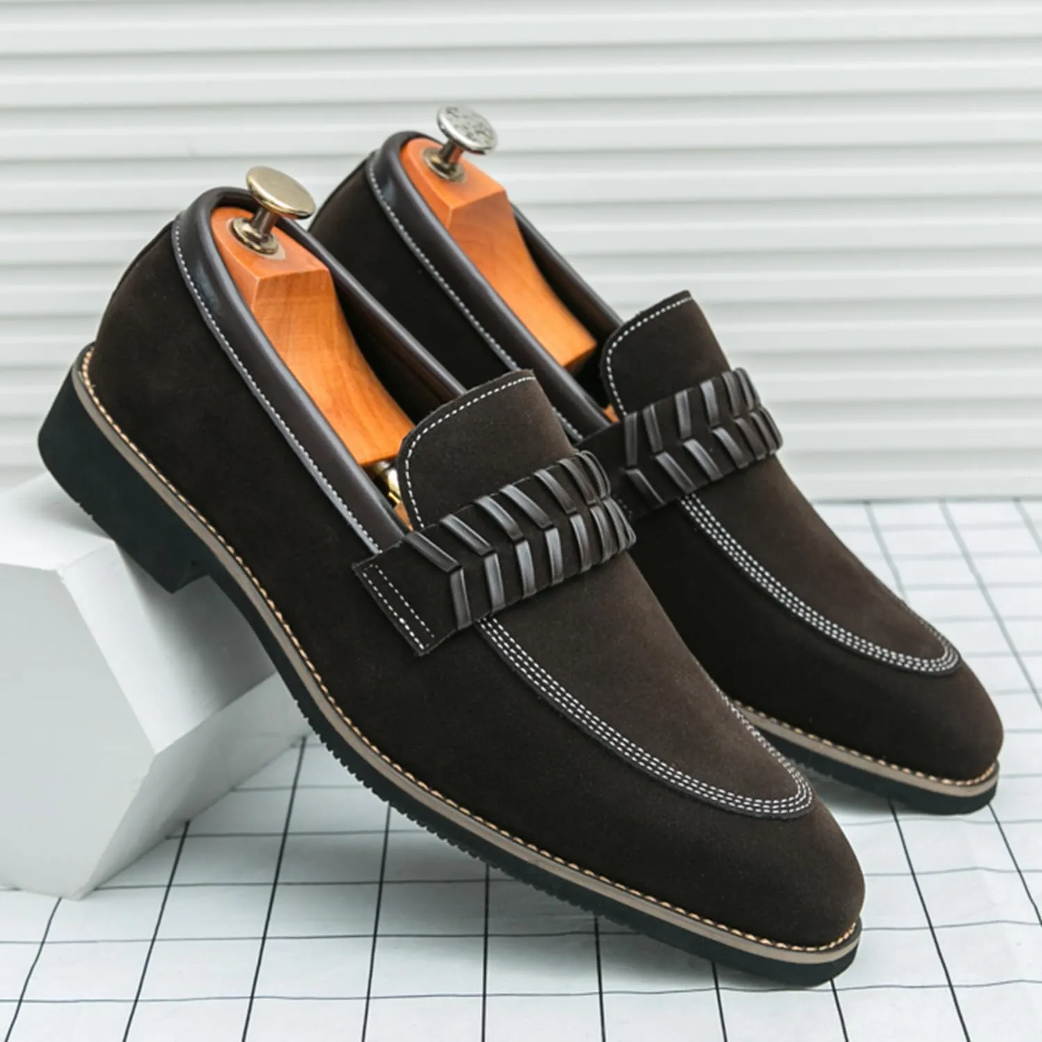 Men's Suede Penny Loafers Black Slip On Loafers with Striped Strap Detail Contrast Stitching Driving Party Casual Dress Shoes