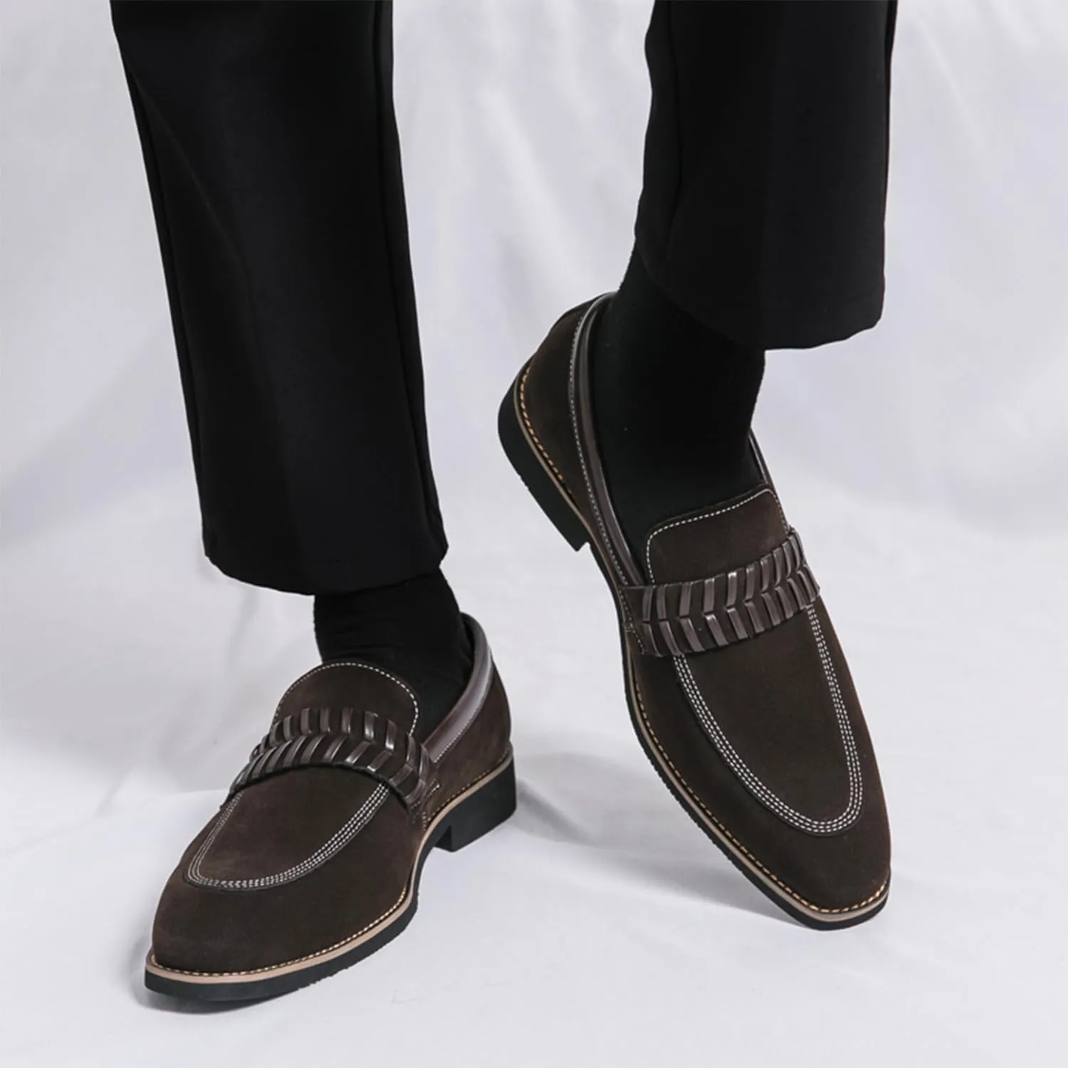 Men's Suede Penny Loafers Black Slip On Loafers with Striped Strap Detail Contrast Stitching Driving Party Casual Dress Shoes