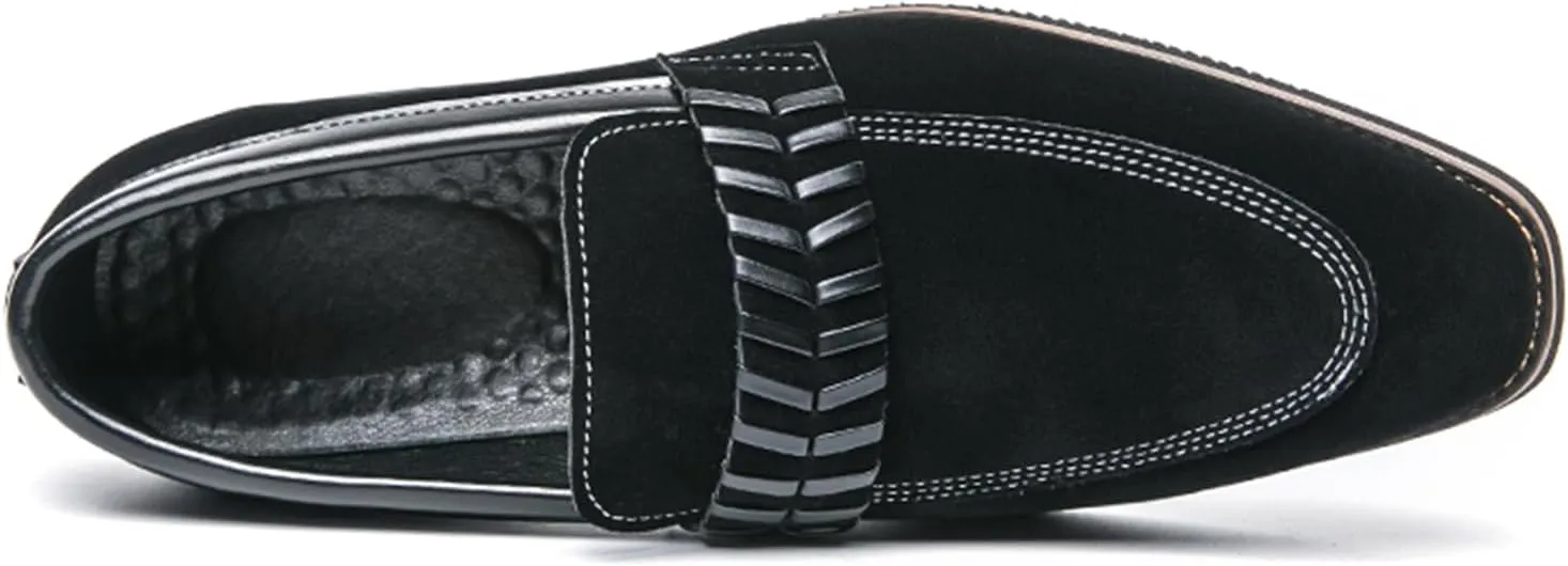Men's Suede Penny Loafers Black Slip On Loafers with Striped Strap Detail Contrast Stitching Driving Party Casual Dress Shoes