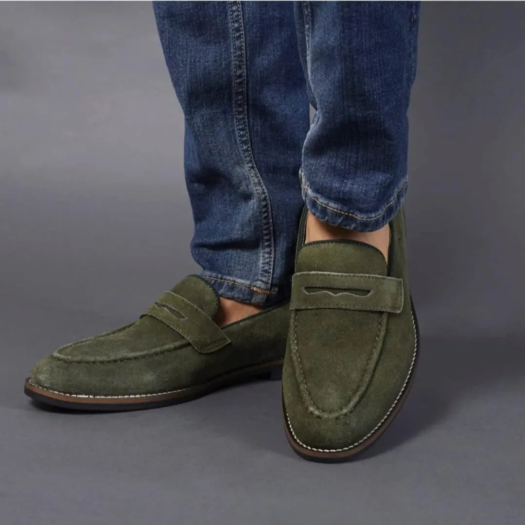 Men's Suede Penny Loafers, Classic Slip-On Dress Shoes, Tan