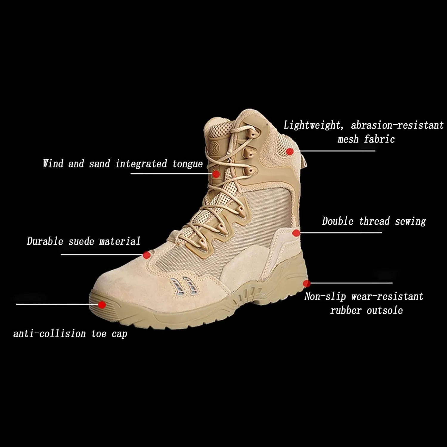 Men's Ultralight Tactical Military Boots, Spring Autumn Outdoor Breathable with Zipper Hiking Shoes, Lace-up Comfortable Durable Desert Combat Shoes