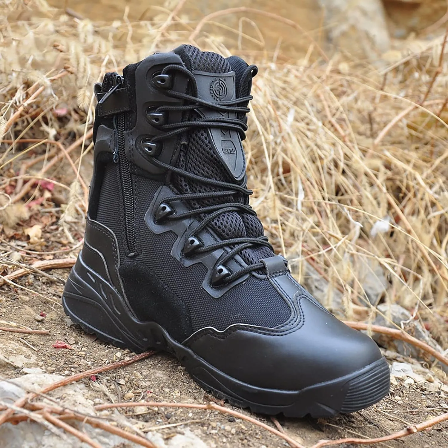 Men's Ultralight Tactical Military Boots, Spring Autumn Outdoor Breathable with Zipper Hiking Shoes, Lace-up Comfortable Durable Desert Combat Shoes
