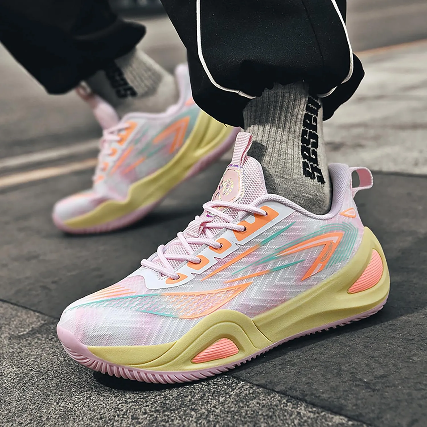 Men's Women's High-Top Basketball Shoes - Breathable Mesh with Cushioned Midsole & Non-Slip Rubber Outsole, Vibrant Split-Color Design Sport Shoes, Indoor/Outdoor Court Sneakers