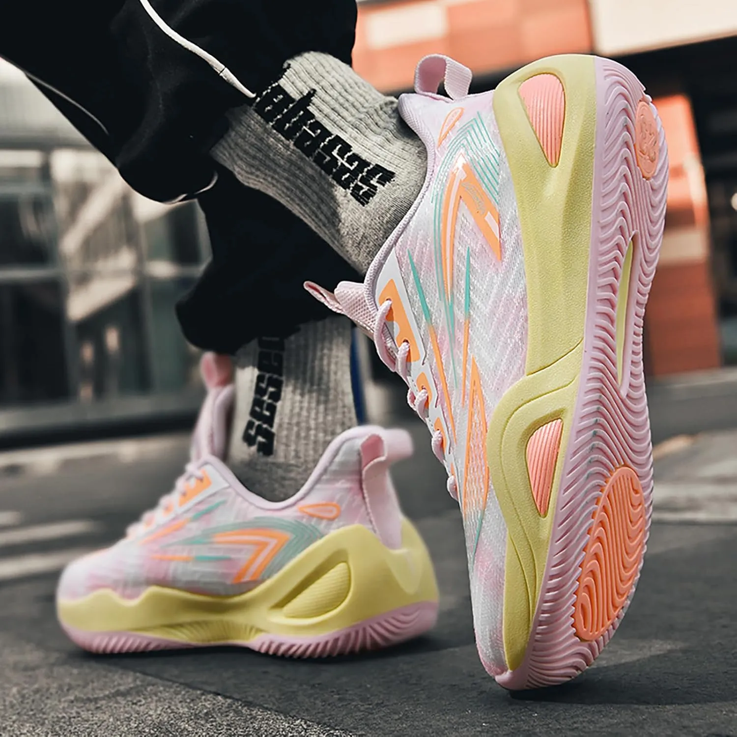 Men's Women's High-Top Basketball Shoes - Breathable Mesh with Cushioned Midsole & Non-Slip Rubber Outsole, Vibrant Split-Color Design Sport Shoes, Indoor/Outdoor Court Sneakers