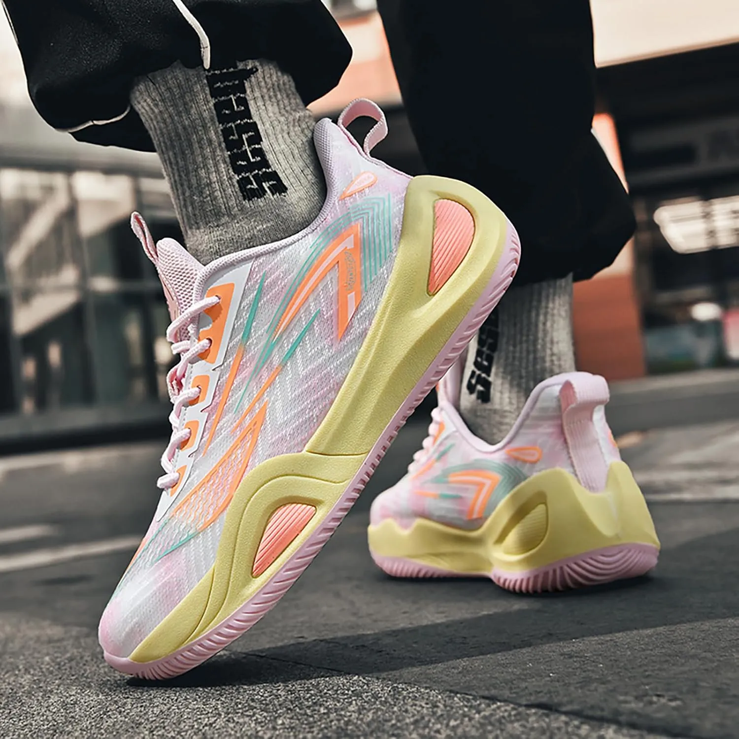 Men's Women's High-Top Basketball Shoes - Breathable Mesh with Cushioned Midsole & Non-Slip Rubber Outsole, Vibrant Split-Color Design Sport Shoes, Indoor/Outdoor Court Sneakers