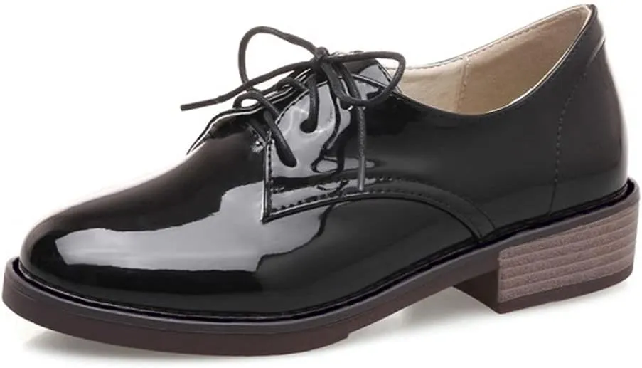 MIOKE Women's Classic Lace Up Oxford Shoes Patent Leather Comfort Flat Low Heel School Oxfords Loafers