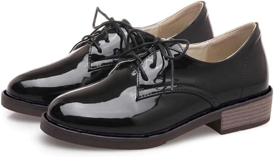 MIOKE Women's Classic Lace Up Oxford Shoes Patent Leather Comfort Flat Low Heel School Oxfords Loafers