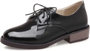 MIOKE Women's Classic Lace Up Oxford Shoes Patent Leather Comfort Flat Low Heel School Oxfords Loafers
