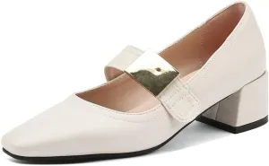 MIOKE Women's Square Toe Buckle Pump Oxfords Classic Mary Jane Comfort Chunky Mid Heel Western Dress Shoes