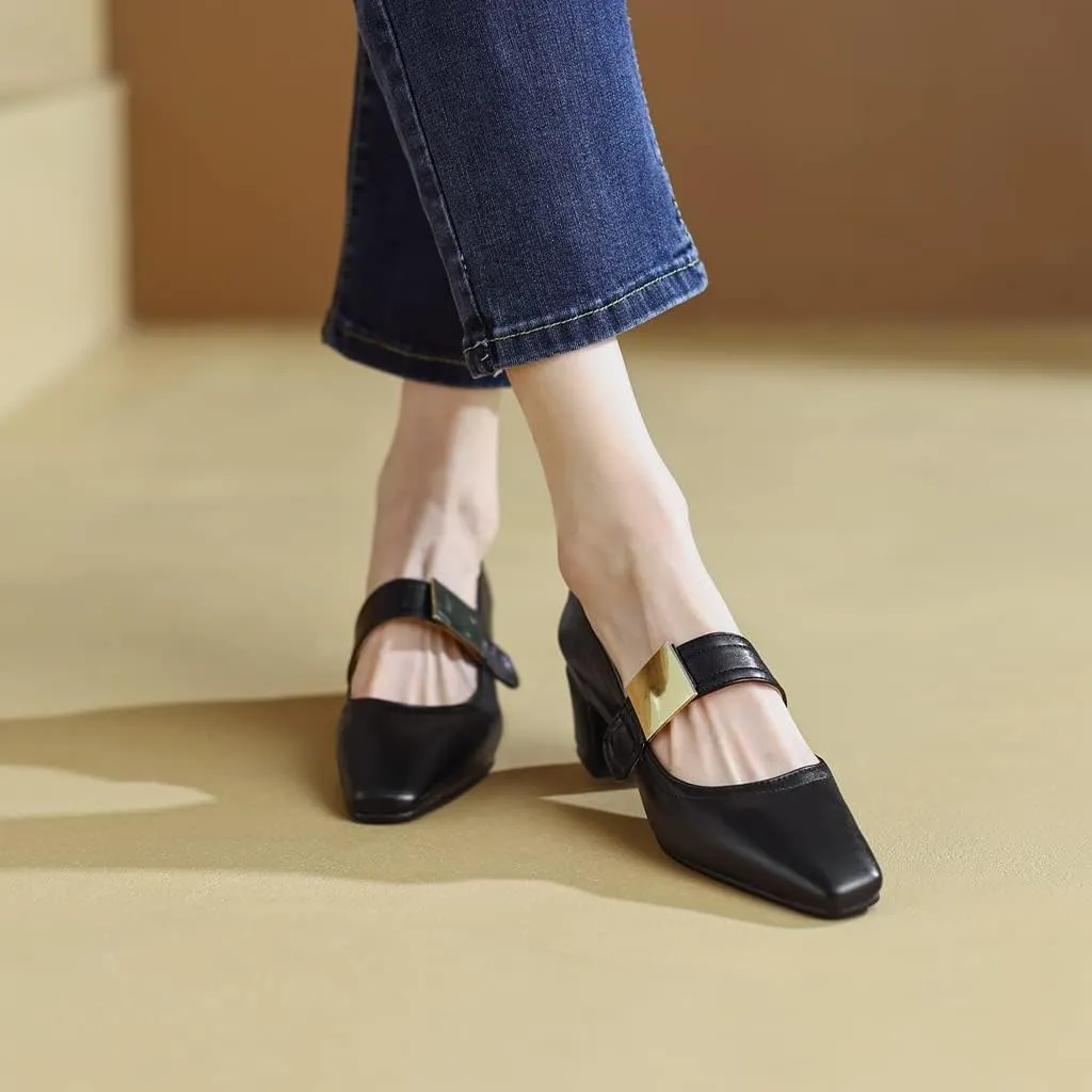 MIOKE Women's Square Toe Buckle Pump Oxfords Classic Mary Jane Comfort Chunky Mid Heel Western Dress Shoes