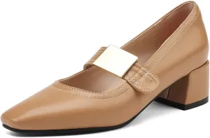 MIOKE Women's Square Toe Buckle Pump Oxfords Classic Mary Jane Comfort Chunky Mid Heel Western Dress Shoes