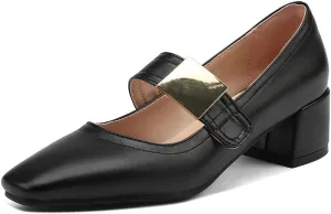 MIOKE Women's Square Toe Buckle Pump Oxfords Classic Mary Jane Comfort Chunky Mid Heel Western Dress Shoes