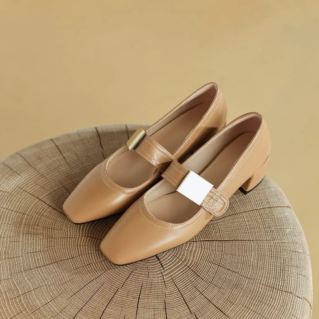 MIOKE Women's Square Toe Buckle Pump Oxfords Classic Mary Jane Comfort Chunky Mid Heel Western Dress Shoes