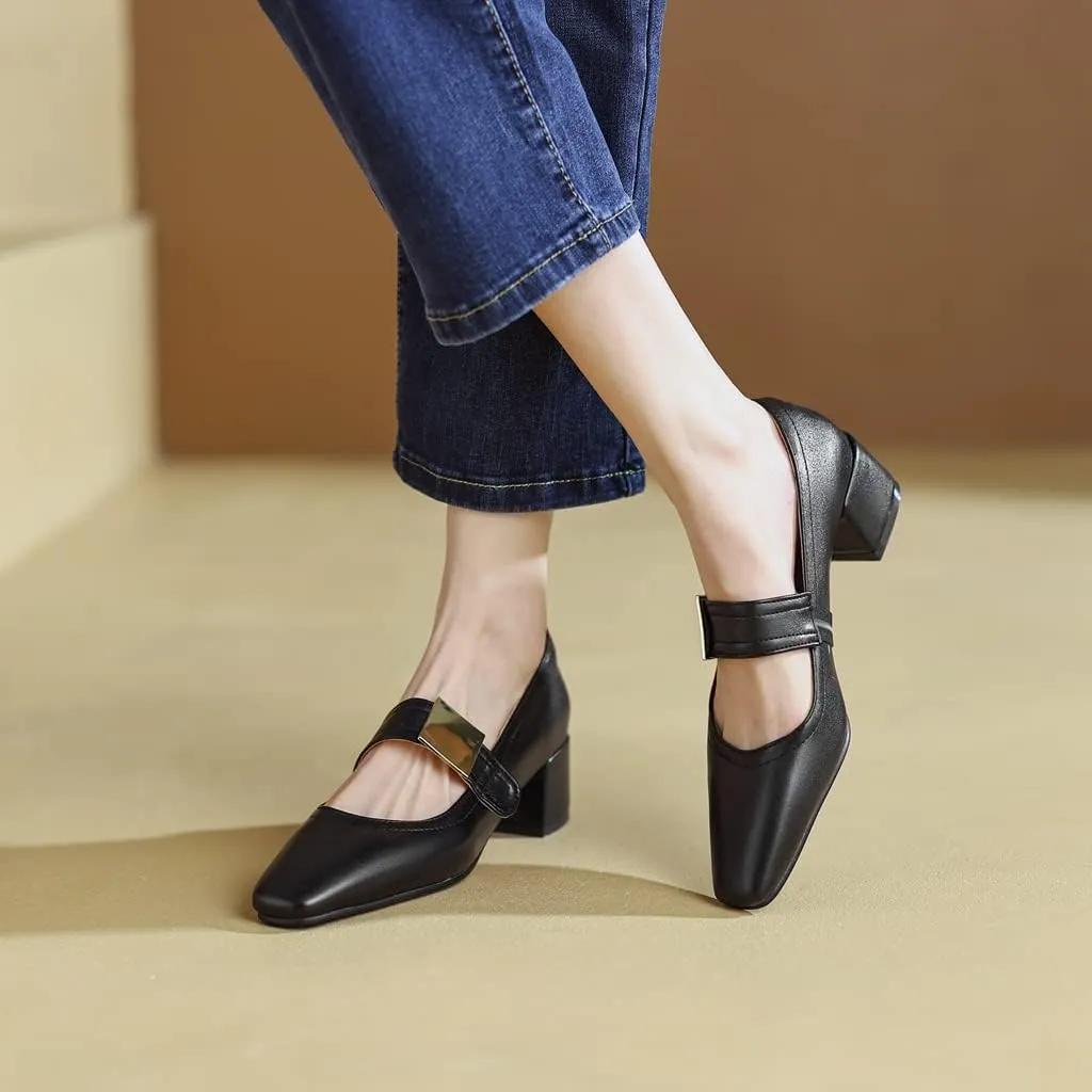 MIOKE Women's Square Toe Buckle Pump Oxfords Classic Mary Jane Comfort Chunky Mid Heel Western Dress Shoes