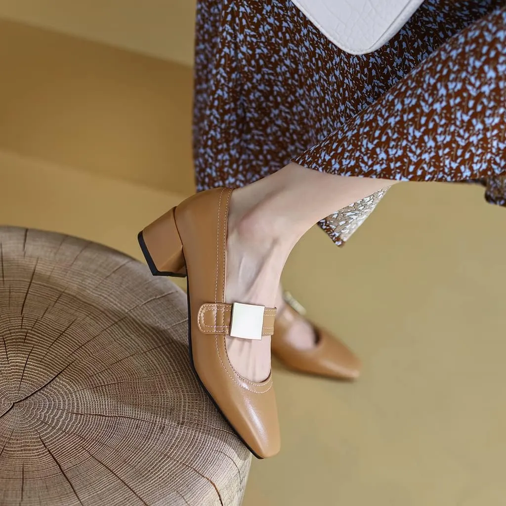 MIOKE Women's Square Toe Buckle Pump Oxfords Classic Mary Jane Comfort Chunky Mid Heel Western Dress Shoes