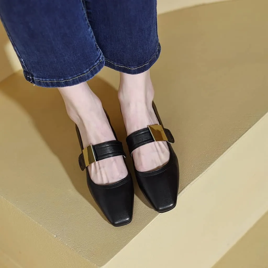 MIOKE Women's Square Toe Buckle Pump Oxfords Classic Mary Jane Comfort Chunky Mid Heel Western Dress Shoes