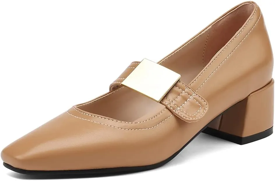 MIOKE Women's Square Toe Buckle Pump Oxfords Classic Mary Jane Comfort Chunky Mid Heel Western Dress Shoes