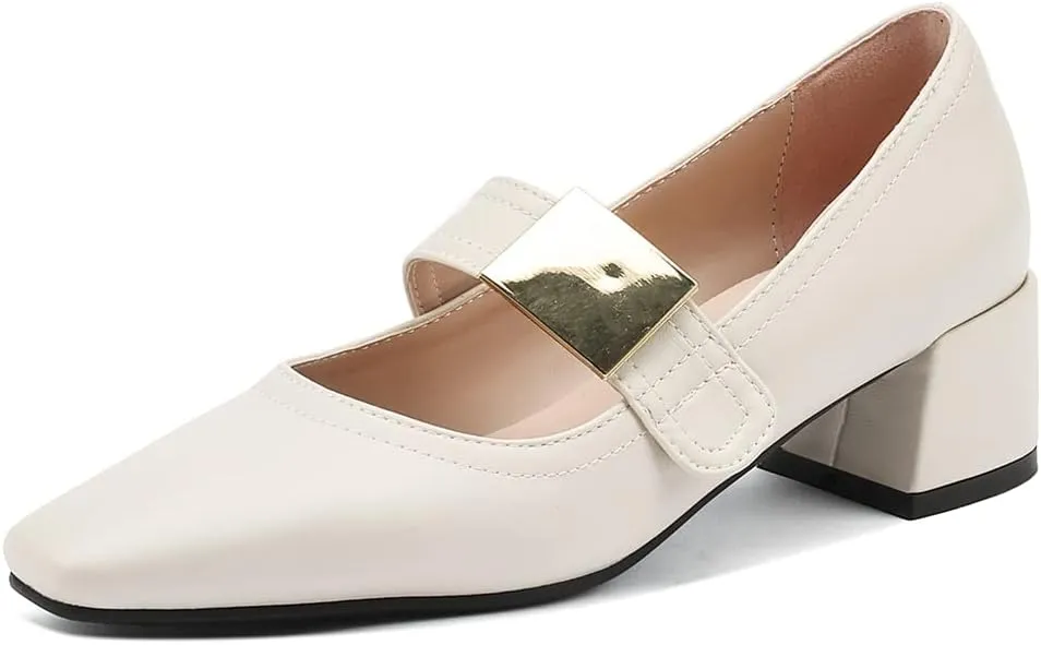 MIOKE Women's Square Toe Buckle Pump Oxfords Classic Mary Jane Comfort Chunky Mid Heel Western Dress Shoes