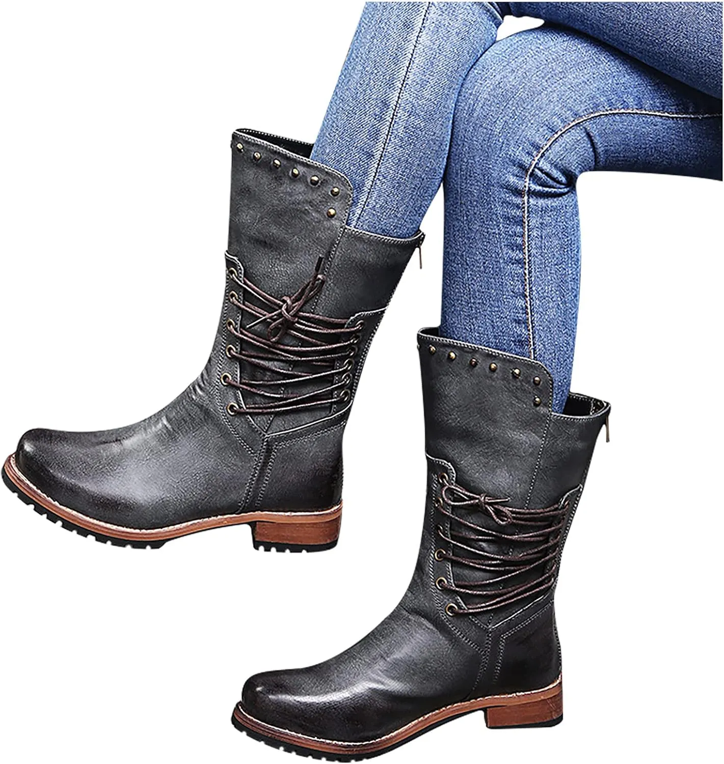 oiangi Wide Calf Boots for Women Fashion Round Toe Cross Straps Lace Up Solid Color Square Heel Mid-Calf Boot Winter Keep Warm Casual Snow Boots Shoes