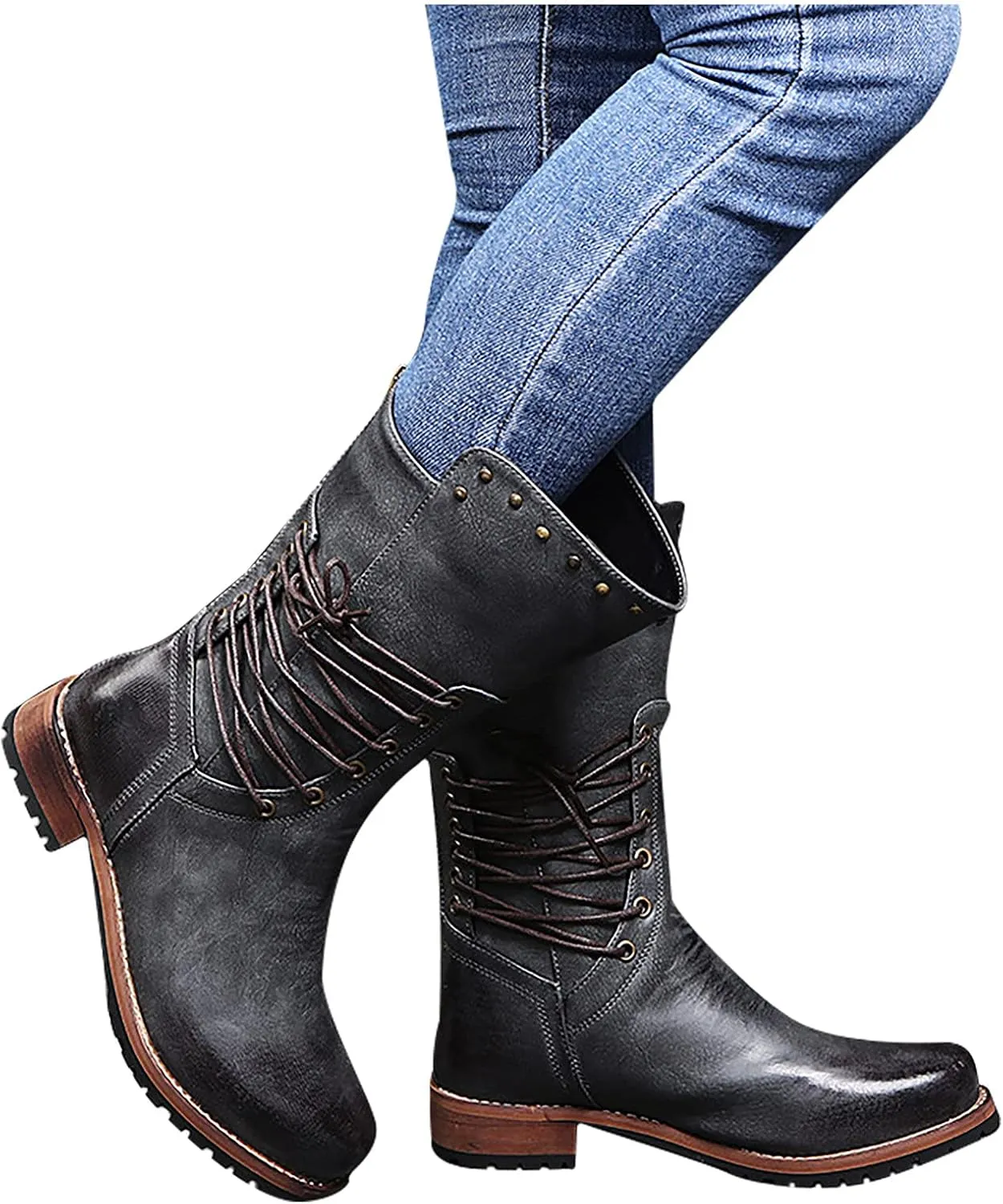 oiangi Wide Calf Boots for Women Fashion Round Toe Cross Straps Lace Up Solid Color Square Heel Mid-Calf Boot Winter Keep Warm Casual Snow Boots Shoes