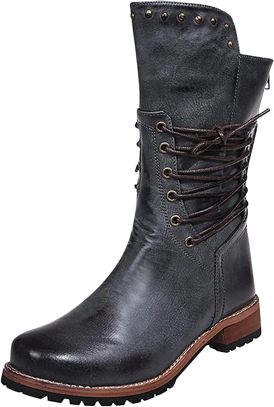 oiangi Wide Calf Boots for Women Fashion Round Toe Cross Straps Lace Up Solid Color Square Heel Mid-Calf Boot Winter Keep Warm Casual Snow Boots Shoes