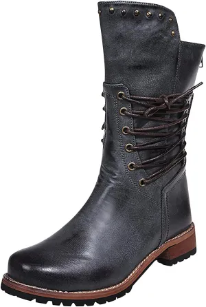 oiangi Wide Calf Boots for Women Fashion Round Toe Cross Straps Lace Up Solid Color Square Heel Mid-Calf Boot Winter Keep Warm Casual Snow Boots Shoes