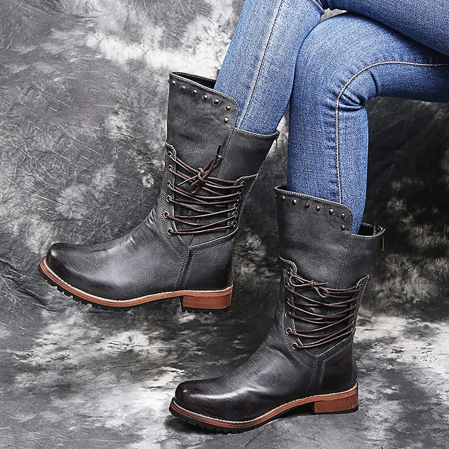 oiangi Wide Calf Boots for Women Fashion Round Toe Cross Straps Lace Up Solid Color Square Heel Mid-Calf Boot Winter Keep Warm Casual Snow Boots Shoes