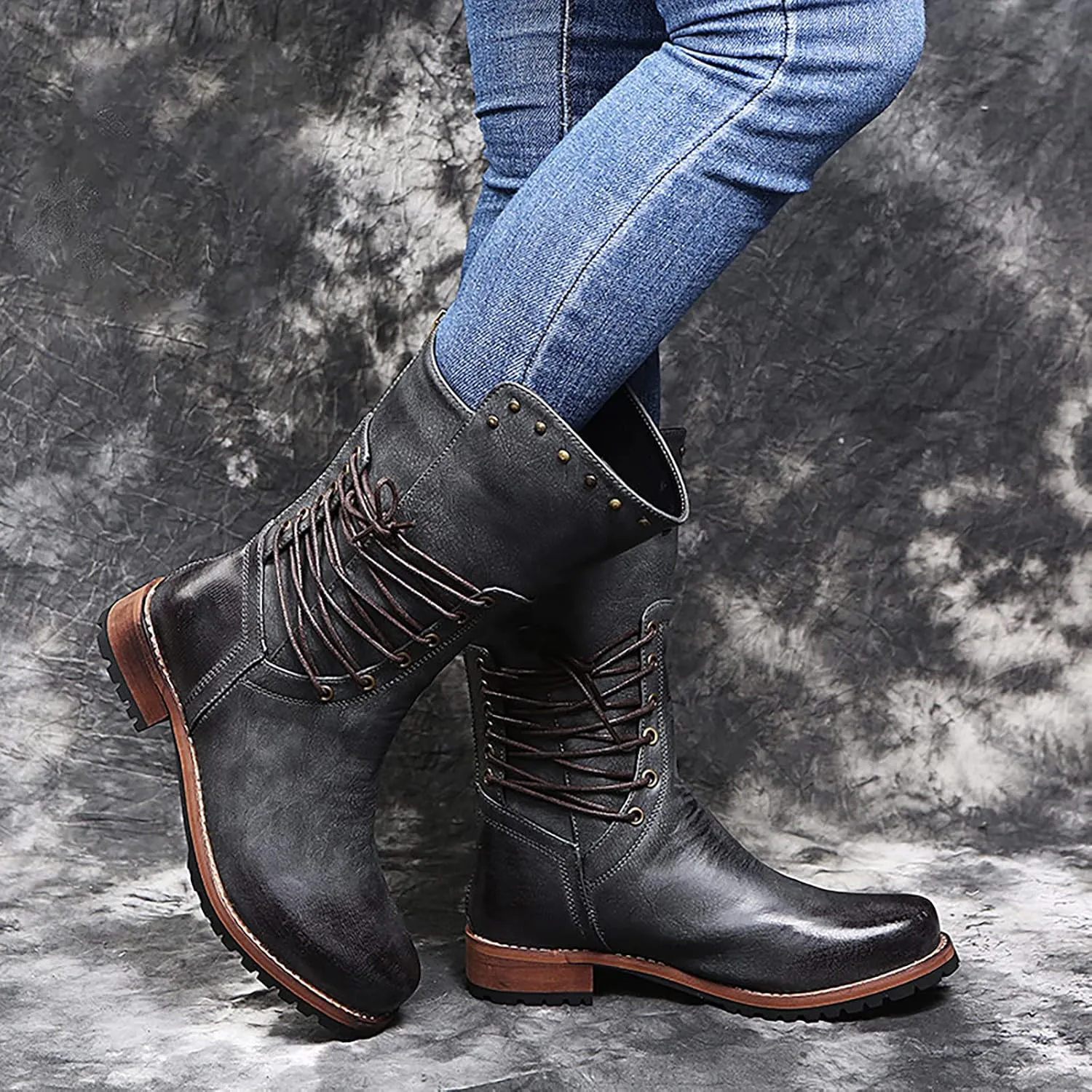 oiangi Wide Calf Boots for Women Fashion Round Toe Cross Straps Lace Up Solid Color Square Heel Mid-Calf Boot Winter Keep Warm Casual Snow Boots Shoes