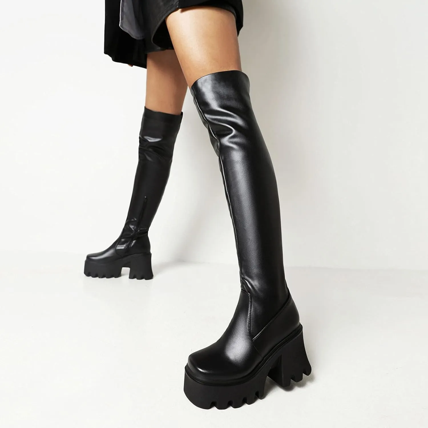 oiangi Womens Chunky Heel Long Boots Fashion Square Toe Zipper Leather Slip On High Heel Over the Knee Boots Winter Comfortable Casual Platform Shoes