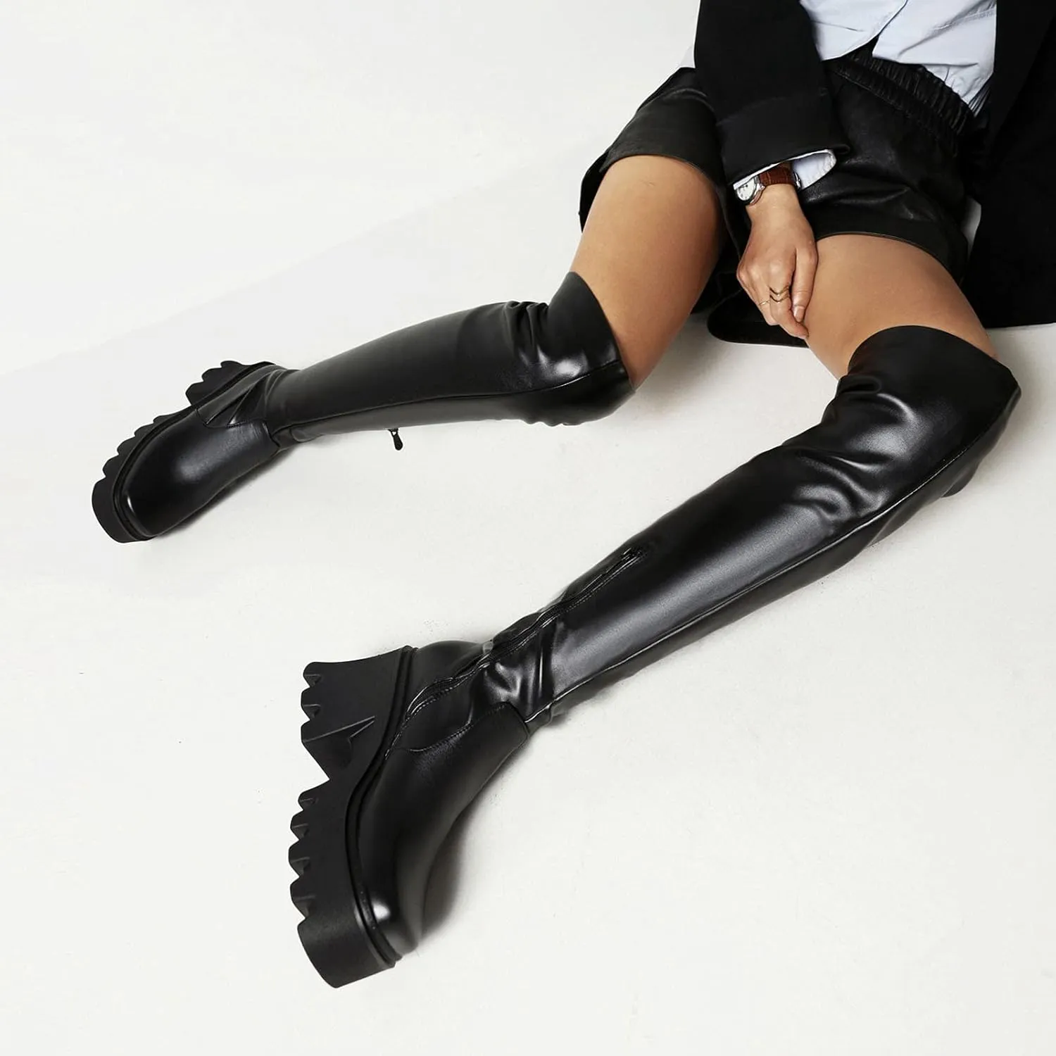 oiangi Womens Chunky Heel Long Boots Fashion Square Toe Zipper Leather Slip On High Heel Over the Knee Boots Winter Comfortable Casual Platform Shoes