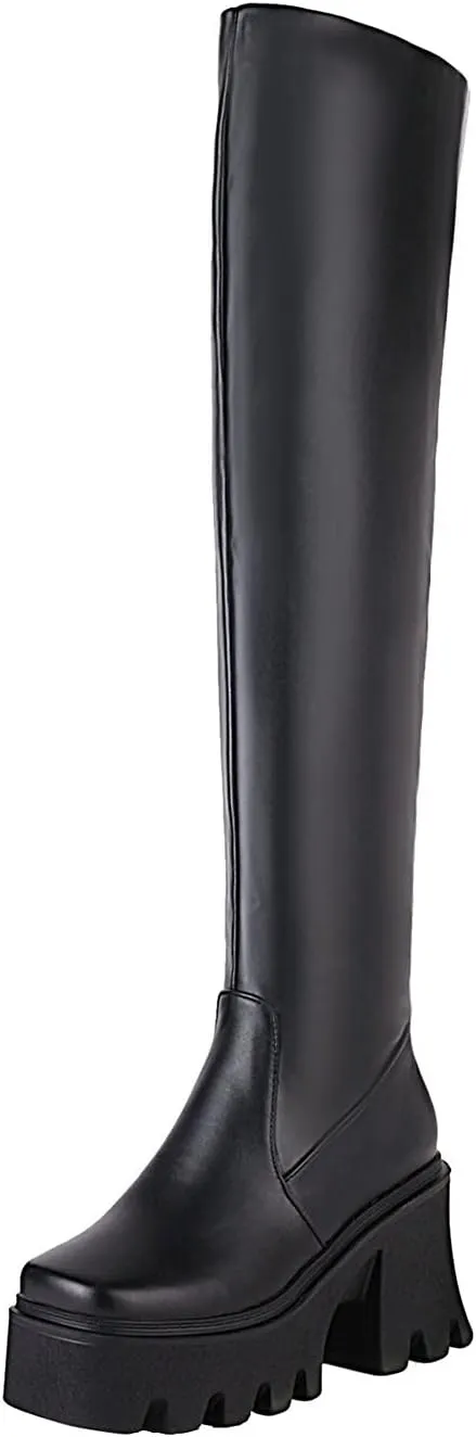 oiangi Womens Chunky Heel Long Boots Fashion Square Toe Zipper Leather Slip On High Heel Over the Knee Boots Winter Comfortable Casual Platform Shoes