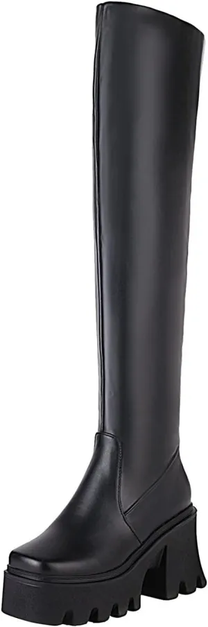 oiangi Womens Chunky Heel Long Boots Fashion Square Toe Zipper Leather Slip On High Heel Over the Knee Boots Winter Comfortable Casual Platform Shoes
