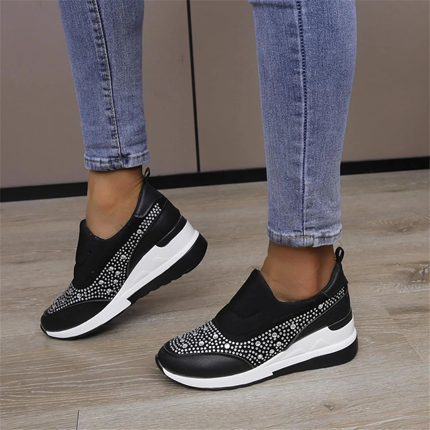 Orthopedic Shoes for Women Leather Rhinestones Patched Shoes Thick Sole Wedges Dress Shoes Arch Support Shoes