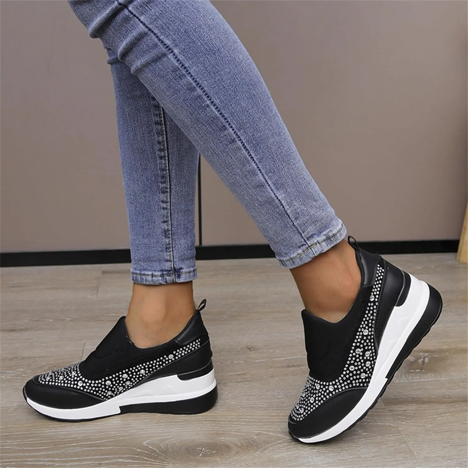 Orthopedic Shoes for Women Leather Rhinestones Patched Shoes Thick Sole Wedges Dress Shoes Arch Support Shoes
