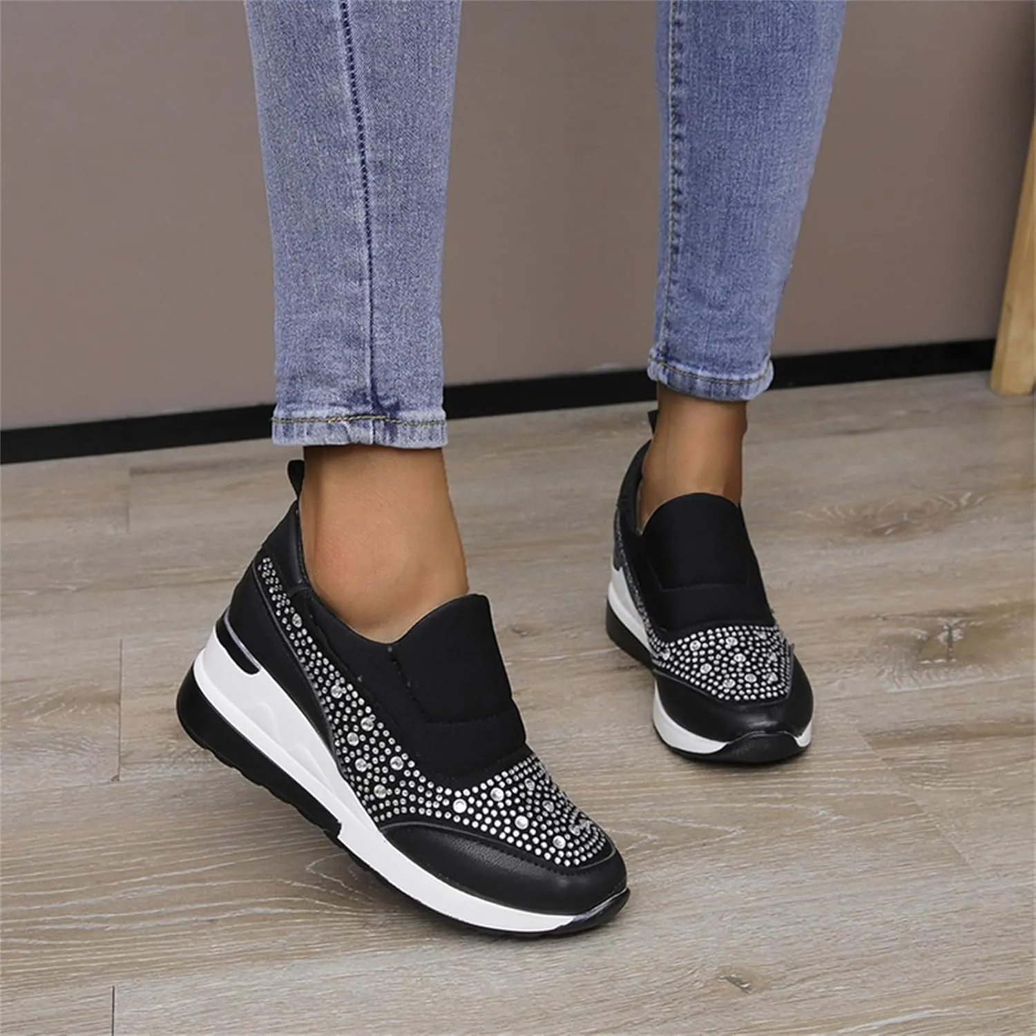 Orthopedic Shoes for Women Leather Rhinestones Patched Shoes Thick Sole Wedges Dress Shoes Arch Support Shoes