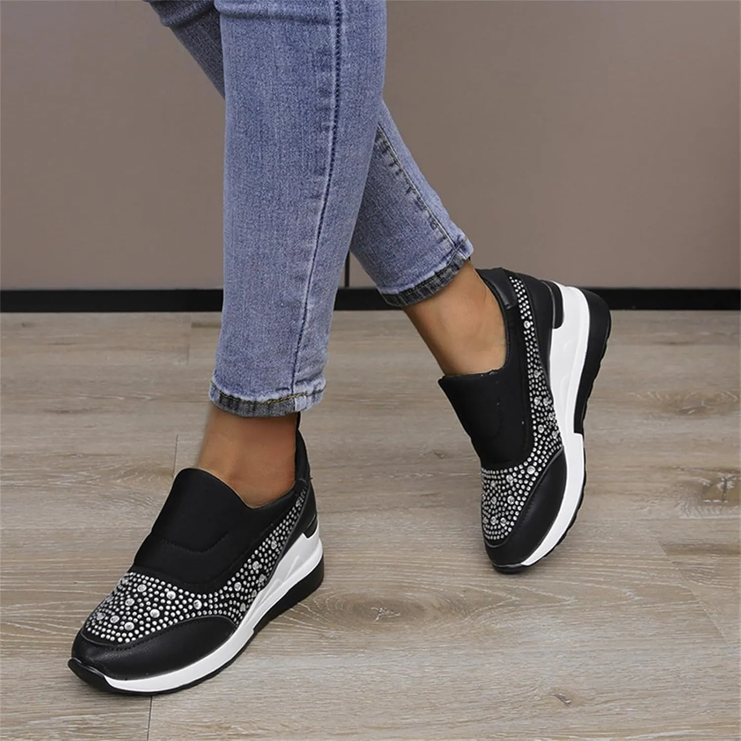 Orthopedic Shoes for Women Leather Rhinestones Patched Shoes Thick Sole Wedges Dress Shoes Arch Support Shoes
